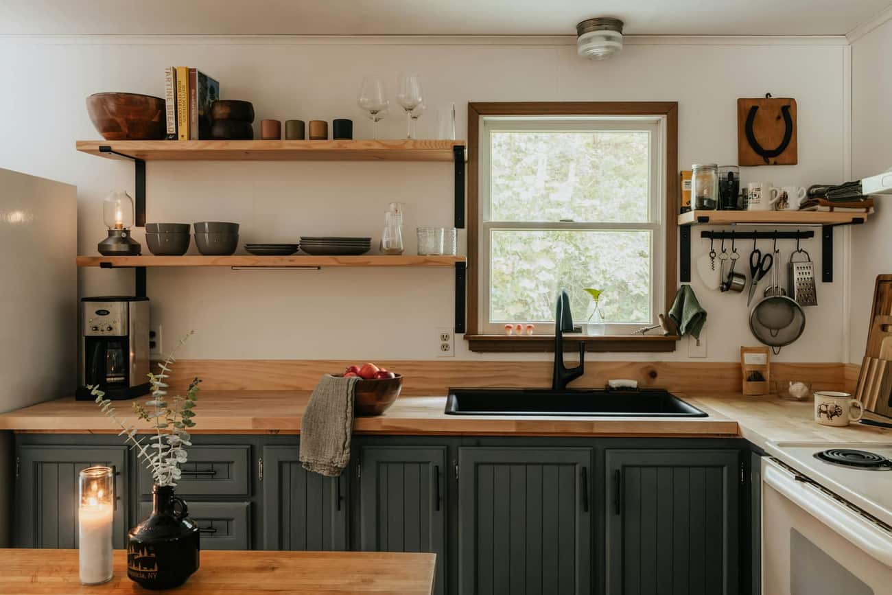 Floating Shelves for Kitchen and Dining Area custom-built carpentry installation in Charleston